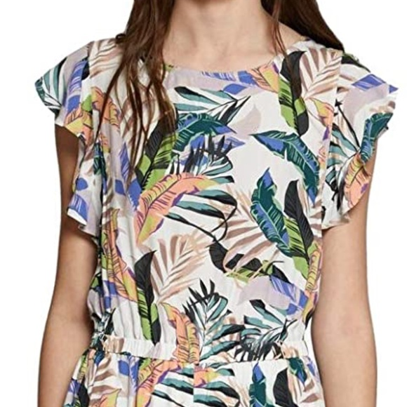 Sanctuary White Tropical Floral Ruffle Short Sleeve‎ Jumpsuit Wide Leg - Medium - Picture 3 of 15